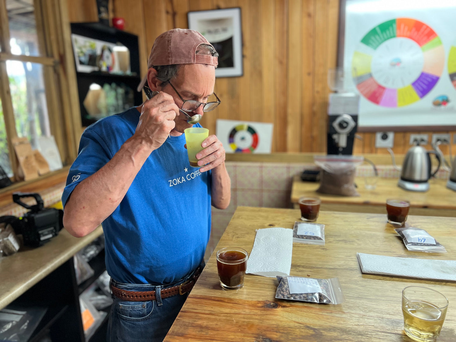 Jeff Babcock, Zoka Founder and CEO at the cupping table at Santa Felisa Farm